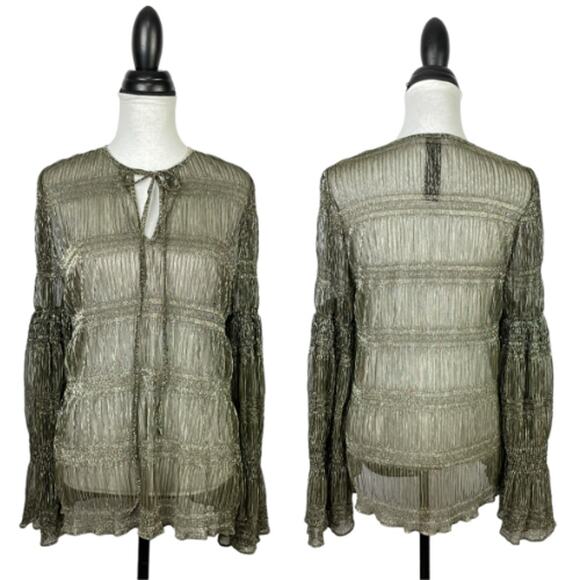 Romance Was Born | Gold & Black Metallic Sheer Tie Neck Long Bell Sleeve Blouse - Picture 1 of 12